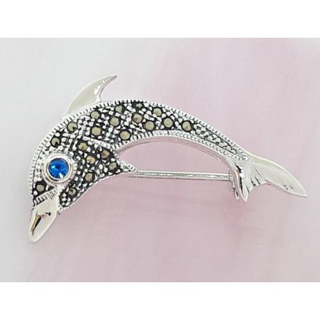 Brosche Silber 925 Delfin weiß blau sn41
