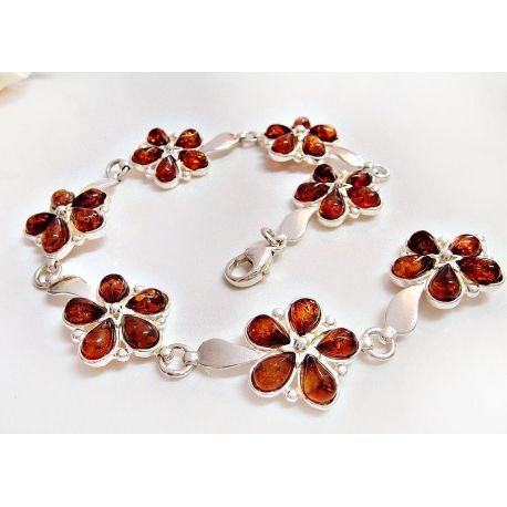 Bernstein Armband Silber 925 braun cognac Blumen 20,5 cm Sterlingsilber bx50