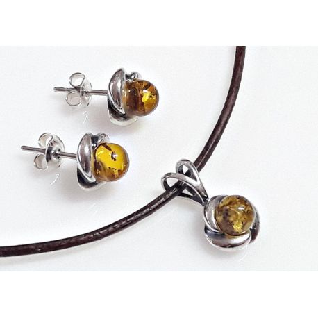 Bernstein Set Lederkette mit Ohrringe Silber 925 Set-134