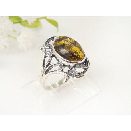 Bernstein Ring grün gelb Silber 925 16,5mm BR349