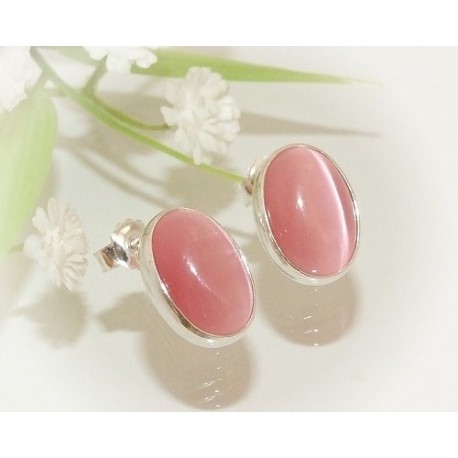 Mondsteinschmuck - Ohrstecker Katzenauge Rosa Silber-925  (MS96)
