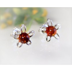 Bernstein Ohrstecker Silber 925 Ohrringe Blume cognac Sterlingsilber ed61