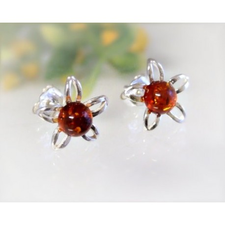 Bernstein Ohrstecker Silber 925 Ohrringe Blume cognac Sterlingsilber ed61