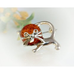 Katze Bernstein Brosche Silber 925  cy125