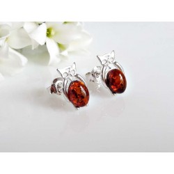 Bernstein Ohrstecker Silber 925 Eulen Ohrringe Eule cognac Sterlingsilber ed166-braun