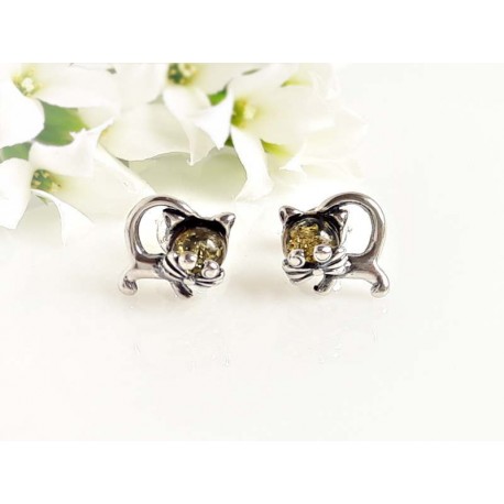 Bernstein Ohrstecker Silber 925 Katze grün ed172