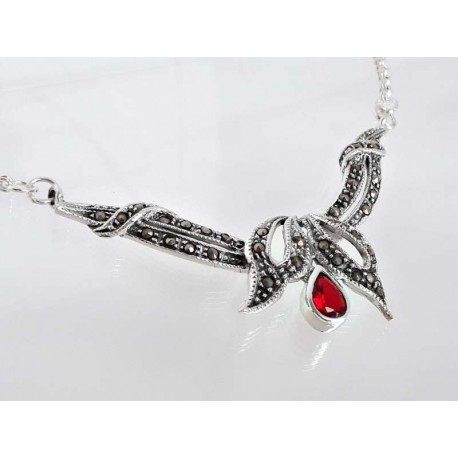 Silber Collier 45 cm Granat, Markasit rot Sterlingsilber 925 sd09