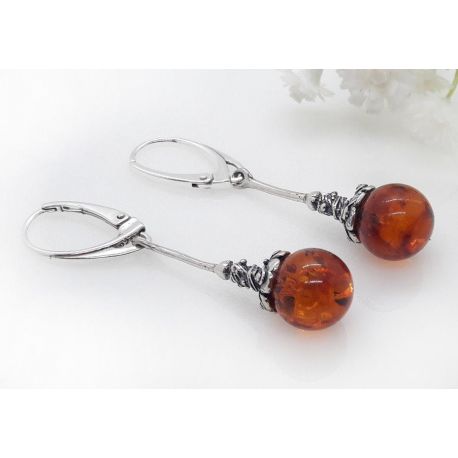Bernstein Ohrhänger Kugel cognac Sterlingsilber Silber 925 BJ181-2